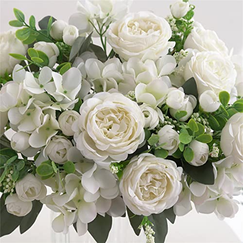 4 Bunches White Peonies Artificial Flowers for Decoration Faux Roses Fake Bouquet Arrangements Plastic Table Centerpiece Silk Flores for Vase Party Wedding Home Décor (White) - color: White