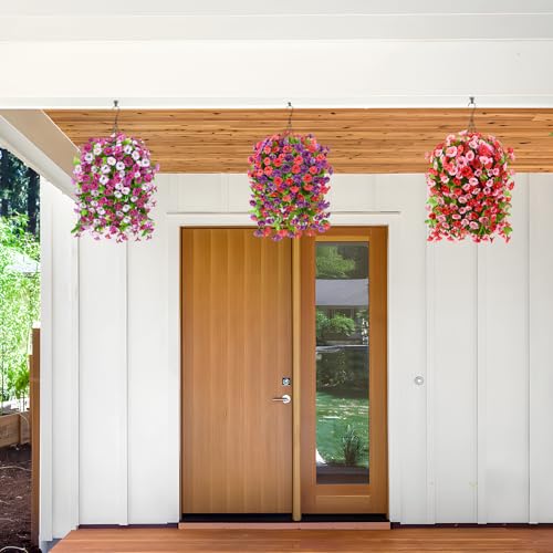Artificial Faux Hanging Flowers Plants Baskets for Outdoor Spring Summer Decorations,Resistant Fake Morning Glory Silk Plants for Outside UV Resistant Patio Yard Home Porch Decor(Light purple) - color: Light Purple