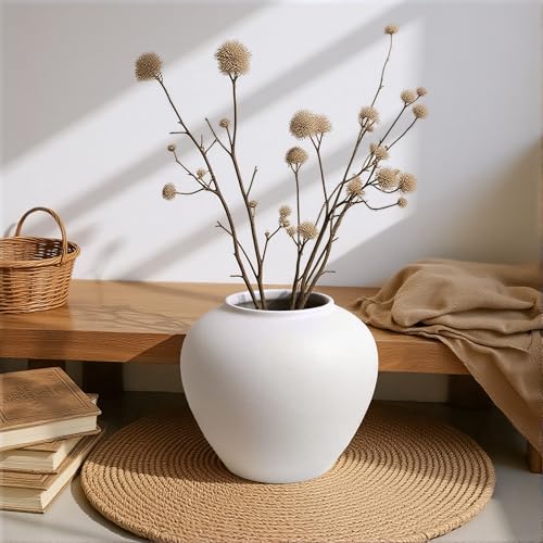 Rustic Matte Ceramic Vase for Home Decor, 7.48 Inch Farmhouse Minimalist White Round Vase for Flowers, Living Room, Kitchen, Table, Entryway, Decorative Pottery Vases for Centerpiece, Bedroom