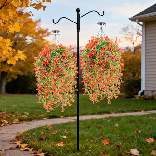 Outdoor Hanging Basket with Artificial Flowers: Fake Plants Basket with Solar String Lights for Garden Enthusiasts - 10 Inches Solar Faux Silk Flower Baskets for Home Porch Wall Patio Tree Decor - size: 10inch, style: Eucalyptus Daisy - Orange