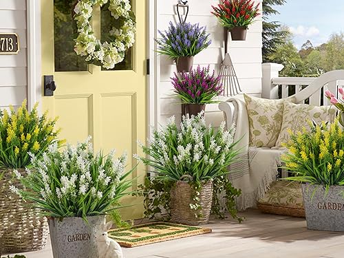 RECUTMS 12 Bundles Artificial Grass Fake Plants Outdoor Fake Grass UV Resistant Greenery Plastic Plants for Home Window Garden Office Patio Hanging Planter Pathway Front Porch Décor(Yellow) - color: Yellow