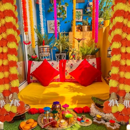 5 Pc 5 feet Long Marigold Garland for Decoration Long Strands Artificial Marigold Flowers | Indian Décor for Pooja | Wedding | Christmas | Diwali Decor (Yellow & Orange)