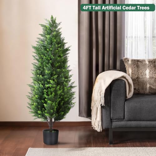 4FT Tall Artificial Cedar Topiary Trees Set of 2, Artificial UV Resistant Potted Plants, Faux Bushes Fake Shrubs for Outdoor Indoor Home Entryway Front Porch Garden Patio Offices Living Room Decor