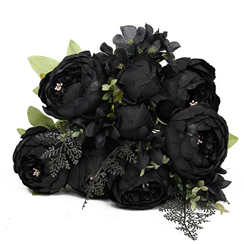 Halloween Black Artificial Flowers Silk Peony Bouquet Vintage Artificial Peonies Flower for Home Wedding Party Decor (1pcs, Black) - color: Black