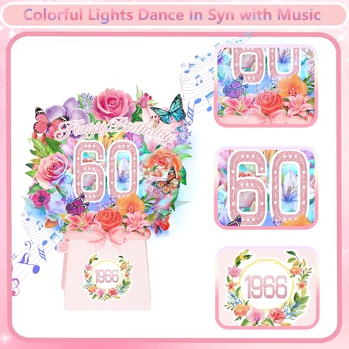 60th Birthday Cards for Women, Light and Music 60 Years Old Happy Birthday Card, Rose Lily Orchid and Butterflies, 10 Inch Forever Flower Bouquet 3D Pop Up 1966 Birthday Gift Card for Women Wife Mom Grandma Sister - size: 1966-60th