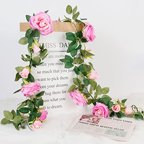 Teldrassil 4Pcs(26 FT) Artificial Rose Vine Fake Flower Garland Fake Silk Rose Hanging Vine for Wedding Party Background Arch Garden Background Decoration (Purplish Red) - color: Purplish Red