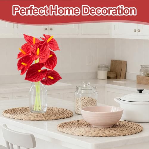 RAINFLOW 8PCS Anthurium Artificial Flowers Red Anthurium Single Stem - Tropical Flowers Artificial with Large Bloom, Faux Anthurium Artificial Flowers for Wedding Table Centerpiece Decor(12.6")