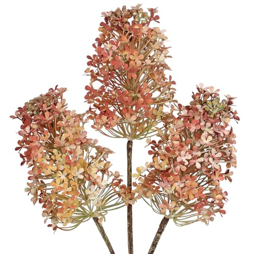 3 Pcs Fall Hydrangea Artificial Flowers Bouquets for Vintage Home Decor, 16" Faux Hydrangea Stems with Flower Seeds for Autumn Floral Arrangements Centerpiece & Wedding, Silk Fake Cone Blooms in Brown - color: Brown