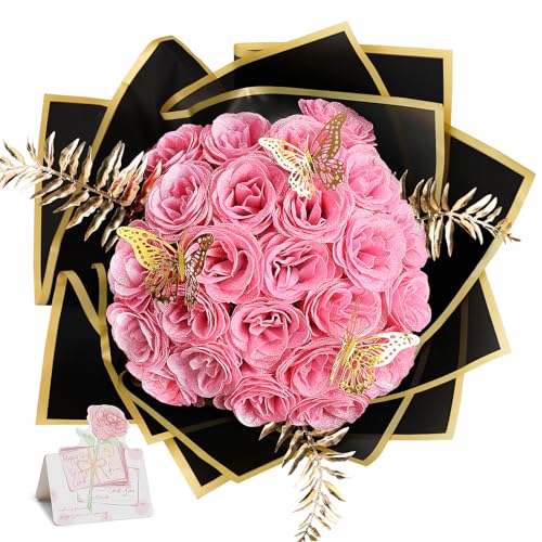 Pink Glitter Roses Bouquet - 24 Pcs DIY Glitter Flowers Bouquets Artificial Everlasting Elegance Shiny for Graduation Gifts Anniversary Birthday Wedding - color: Pink