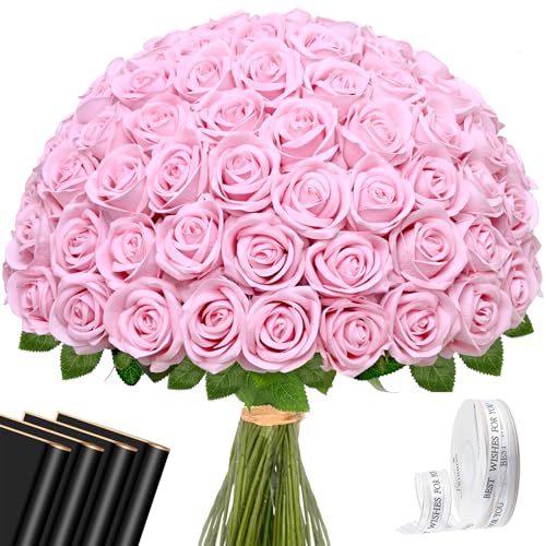 Waipfaru Pink Roses Artificial Flowers Bulk, Real Touch Velvet Roses with Wrapping Paper, 50 Pcs Fake Flowers for Wedding Centerpieces Bridal Bouquet Valentines Mothers Day Decor - color: Pink, size: 50 Pcs