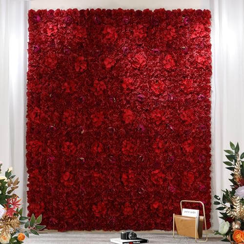 Flower Wall Panel 12 pcs 16.5x16.5 Inch Floral Wall Backdrop Artificial Silk Rose Wall Decor Ideal for Wedding Celebrations, Festive Party Backdrops, and Home Decor-Maroon - color: Maroon, size: 16.5inch