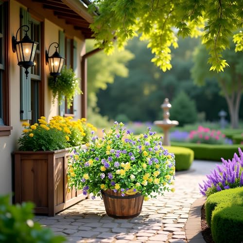 LADADA 12 Bundles Outdoor Plant Flowers, Silk UV Resistant, Outdoor Porch, Home Courtyard, Garden Decoration（Yellow Purple） - color: Yellow Purple