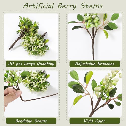 SHACOS Artificial White Berry Stems 20 PCS Pack Fake Berries Branches Spray with Green Leaves 9.8 inch Small Berry Picks for Christmas Decorations Crafts Filler Holiday Home Decor, White - color: White, size: 20 PCS