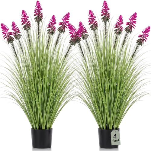 Jexine 2 Pieces 4 ft Artificial Tall Grass Plants Outdoor with Plum Cockscomb Flower Tall Artificial Grass Green Onions Plant Potted for Housewarming Gift House Garden Lobby Outdoor - color: Plum Cockscomb Flower