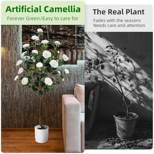 Artificial Camellia Tree 6FT– Faux Plants Indoor, with Easy Assembly, Low Maintenance, Ideal for Both Indoor Decoration and Other Purposes，Perfect Porch Christmas Trees (White 6ft) - color: White 6ft