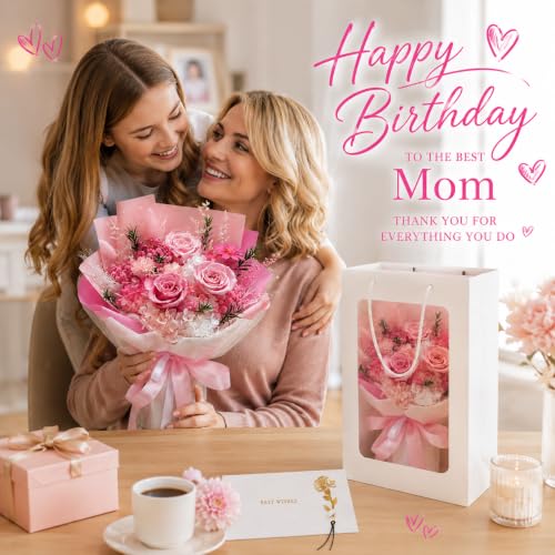 Preserved Pink Rose Bouquet, 100% Real Flowers for Women Mother Wife, Long-Lasting Eternal Roses with Gift Box, Forever Flowers for Anniversary Birthday Mother's Day, Lasts 3-5 Years - color: Soft Pink