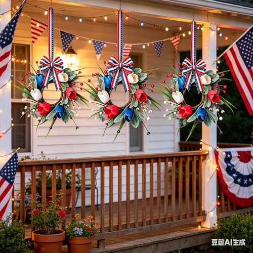6 Pcs Patriotic Wreath Mini 4th of July Hanging Wreaths for Cabinets Artificial Red White Blue Tulip Berries Memorial Day Wreaths Pillar Candle Holder Wreath for Independence Day Porch Wall Decor - color: Patriotic-4