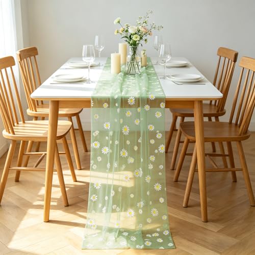 Daisy Gauze Table Runner 120 Inch 10FT, Floral Flower Tulle Table Runner Seasonal Kitchen Dining Table Decorations for Party Wedding Christmas Holiday Birthday (Green) - color: Green