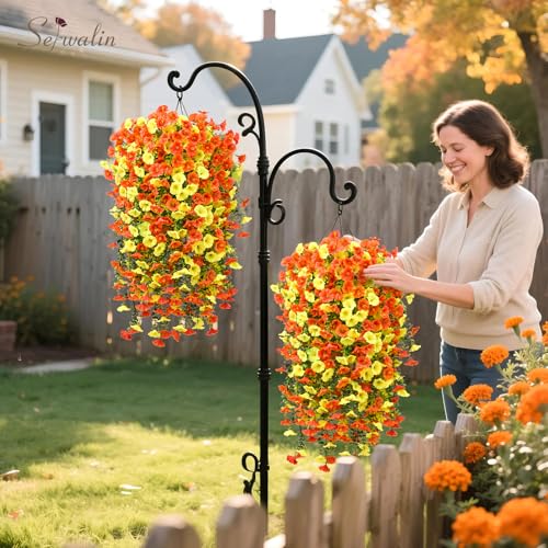 Serwalin Artificial Hanging Flowers for Outdoors Decoration, 4PCS UV Resistant Silk Artificial Fake Plants Outdoor for Porch Patio Balcony Indoor Planter Yard Decor (Orange&Yellow,4PCS) - color: Orange&yellow