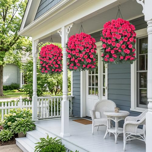 Artificial Geraniums Faux Hanging Plants Flowers Basket for Outdoors, Fake Silk Geraniums Vines in Planter UV Resistant Look Real Spring Summer Outdoor Decorations for Outside Yard Patio, Hotpink - color: Hotpink