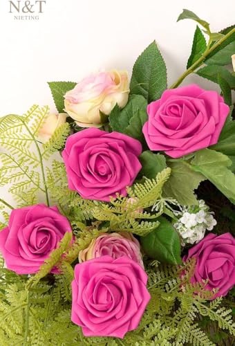N&T NIETING Artificial Flowers with Stems,Foam Roses Fake Flowers Rose Perfect for DIY Wedding Bridal Bouquets Centerpieces Shower Party Home Flower Arrangement Decoration,25Pcs Hot Pink - color: Hot Pink, size: 25pcs