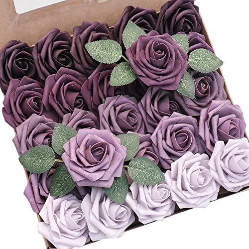 Floroom Artificial Flowers 25pcs Real Looking Plum Ombre Colors Foam Fake Roses with Stems for DIY Wedding Bouquets Bridal Shower Floral Centerpieces Party Tables Home Decorations - color: Shades of Plum