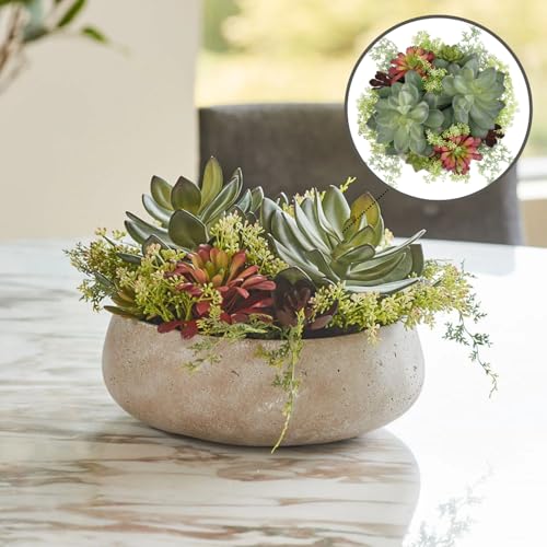 Round Faux Succulent Arrangement, 14" Premium Artificial Indoor Plant Enhances Interior Design, Display on Any Surface in Your Home Adding an Inviting Touch of Nature, Natural Planter Pot Included - size: 14" Round Natural Planter