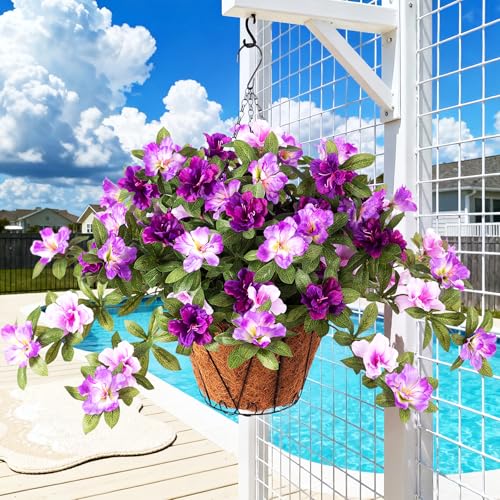Ammyoo Artificial Hanging Flowers for Outdoors Hanging Baskets, 3 Pcs Fake Silk Flower with Hanging Baskets Planter for Spring Summer Garden Porch Patio Yard Outside Decor - color: X-deep-purple Light-purple Lotus With Basket