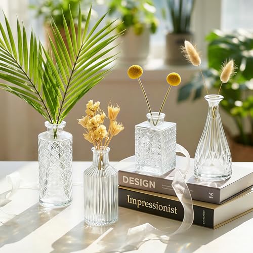 12 Pcs Clear Bud Vases Set, Small Vintage Glass Clear Bud Flower Vases Bulk Multiple Shape Cute Mini Glass Bottles Vases for Rustic Wedding Centerpieces Table Decorations and Home Decor - color: Clear