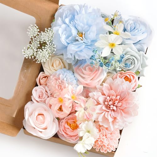 Pastel Artificial Flowers Combo Box Wedding Decor,Fake Flowers,Flowers for Decoration,Silk Flowers for Home Decor Indoor,Cake Flowers,Faux Flowers for Crafts - color: Soft Blue and Pink