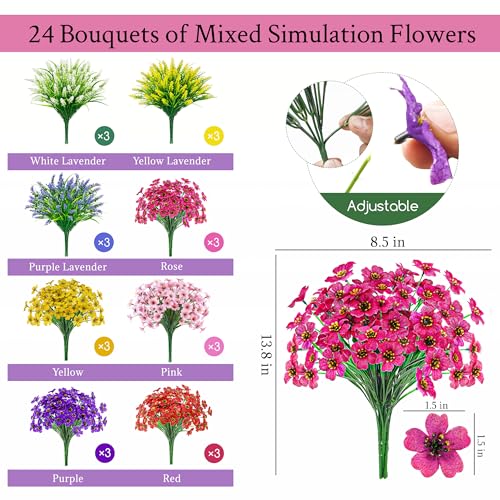 Der Rose 24 Bundles Artificial Flowers for Outdoor Fake Spring Flowers Plants UV Resistant for Home Garden Porch Window Wedding Decor - color: Multi-color B