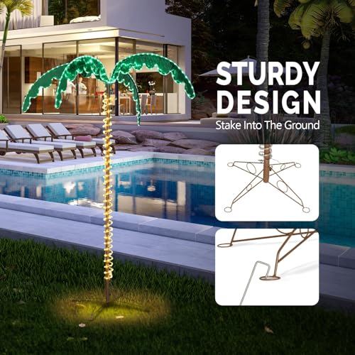VINGLI 7FT Lighted Palm Tree, Outdoor Artificial Palm Tree with Lifelike Leaves and Rope LEDs for Outside Patio Pool Yard Holiday Decor - size: 7ft 3in