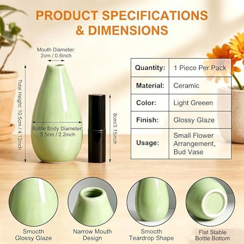 10.5cm/4.1 inch Tall Ceramic Bud Vase Mini Single Stem Small Flower Vase Small Mouth Floral Vases Decorative Shelf Centerpieces Floral Holder for Home Office Decor (Green) - color: Green