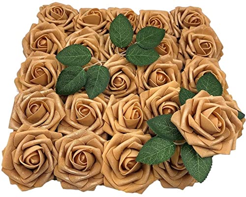 Higfra Artificial Flowers 25pcs Real Looking Gold Foam Fake Roses with Stems for DIY Wedding Bouquets White Bridal Shower Centerpieces Arrangements Mothers Day Party Tables Decorations - color: Gold, size: 25Pcs