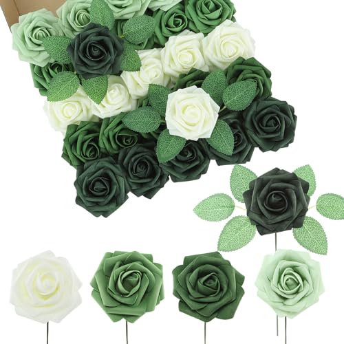 DuHouse 25Pcs Artificial Roses Flowers Fake Roses with Stems Real Touch Foam Flowers for DIY Wedding Bouquet Centerpiece Floral Arrangement Party Home Decor(Ivory Green) - color: Ivory Green, size: 25pcs
