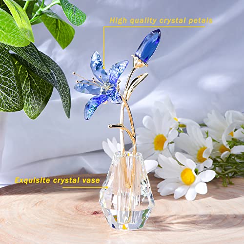 YWHL Crystal Lily Flower Figurine with Vase, Handmade Blue Lily Flower Gifts for Woman, Wedding Gifts for Couple, Home Party Decorations (Blue Lily) - color: Blue