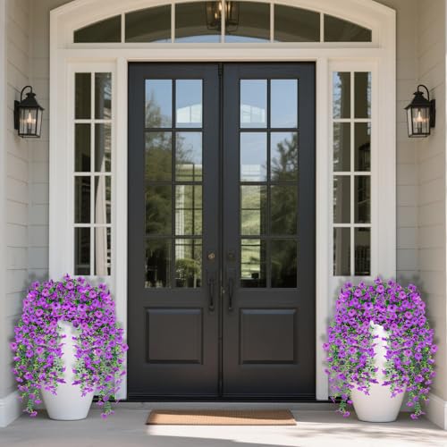 Artificial Hanging Flowers for Outdoors Decorations 2 Pack, Fake Hanging Flowers, UV Resistant Artificial Hanging Plants Outdoors for Home Porch Patio Balcony Baskets Yard(Purple) - color: Purple