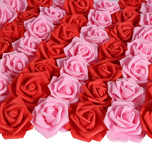 100pcs Red Foam Roses Heads,3inch Pink Faux Flowers Artificial Rose Stemless Fake Flower Bulk for DIY Floral Crafts,Cake Decoration Wedding,Baby Shower Flower Centerpieces(Red, Pink) - color: Shades of Red Pink