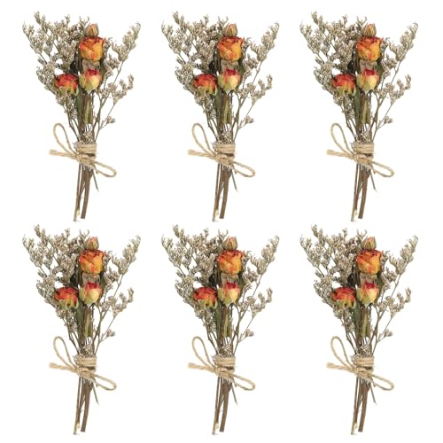 PATIKIL Mini Dried Flower Bouquet, 6 Pcs Rose Natural Wildflower with Stem Decor Baby's Breath Boho Floral Plant Flower for Crafts DIY Photo Props Gift Wedding Decor, Orange - color: Orange