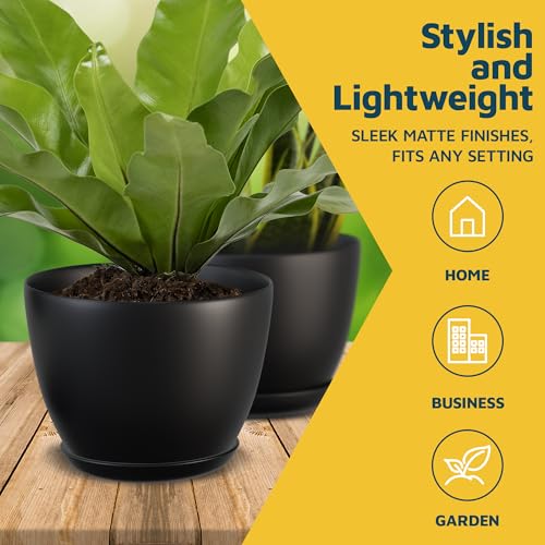 Lifemaster Plant Pots with Multi Drainage Holes - 5 Pieces Versatile, Sturdy Plastic, Stackable Design Home Decor Flower Pots for Indoor and Outdoor Gardening - Black - color: Black, size: Pack of 5