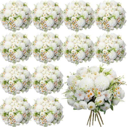 Tigeen Peonies Artificial Flowers Faux Roses Silk Flowers Hydrangea Artificial Bouquet for Wedding Table Centerpiece Floral Vase Home Office Bridal Decor(Pure White,12 Bundles) - color: Pure White