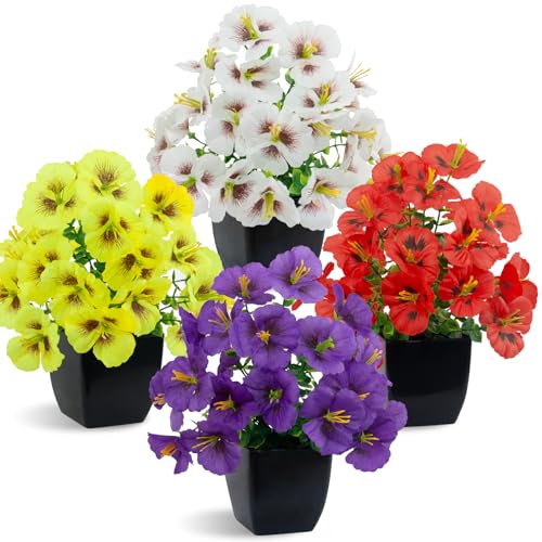 LOYWREE 4 Pack Small Faux Plants Spring Artificial Pansy Flowers Fake Plants Indoor Bathroom Accessories for Home Room Office Desk Decor(Black Square Pot) - color: Pansy-black Pot, size: Black Pot