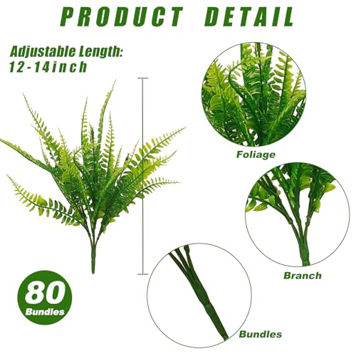 Coreland 80 Pcs Artificial Fake Boston Fern Plants Bushes Faux Plants Shrubs Greenery UV Resistant for House Office Garden Indoor Outdoor Décor - color: 80 Pcs