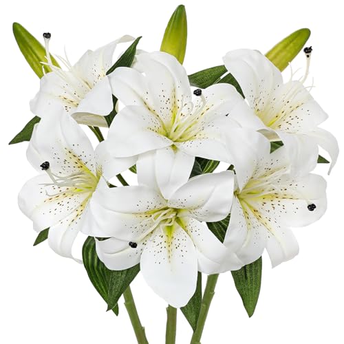 Oairse Artificial Tiger Lily Silk Flowers - 3 Pcs Faux Lily Flower 14.9" Fake Lilies Bouquets Faux Stargazer Lilies Stem with 6 Heads & 3 Buds for Indoor Outdoor Home Table Wedding Decor (White) - color: White