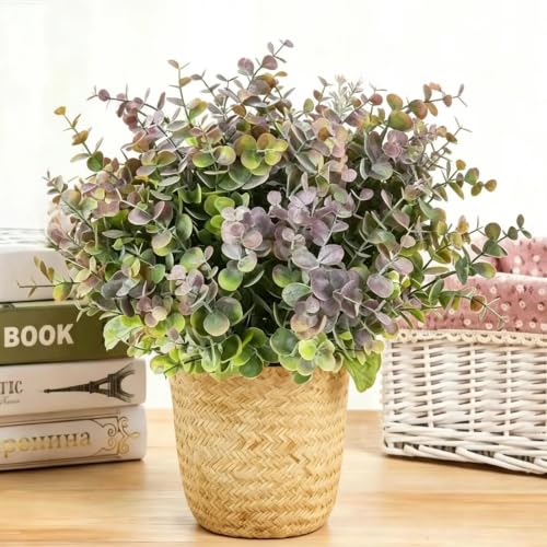 8 Bundles Multi Colored Artificial Eucalyptus Leaves, Plastic Plants, Outdoor Plants, Indoor Decorative Artificial Plants, Porch Window Frames, Green Plant Decorations (8, Grey Purple) - color: Grey Purple