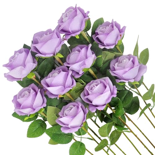 Kenpal Realistic Fake Roses Artificial Flowers with Stem for Decoration Floral Arrangement Centerpieces Wedding Bouquets (10, Lavender) - color: Lavender
