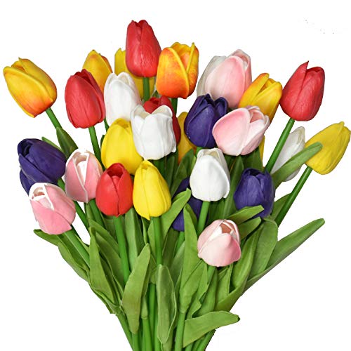 24pcs Multicolor Artificial Tulips Flowers Fake Faux PU Tulip Bouquet Real Touch Flower Arrangement for Home Room Office Party Wedding Decoration Excellent Gift Idea for Mothers Day - color: Tulip Flower24