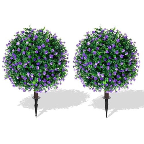 Yangrass Artificial Purple Flower Topiary Ball Trees with Ground Spike, Set of 2 UV Resistant Artificial Shrubs, Fake Evergreen Artificial Plant Bushes for Indoor Outdoor Front Porch Garden - color: Purple Flower