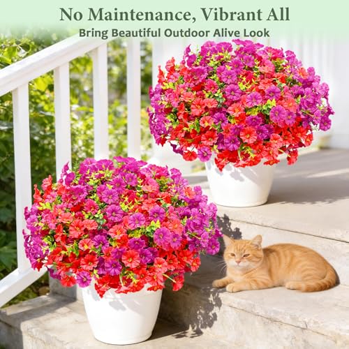 Artificial Flowers for Outdoors, 26 Bundles Fake Outdoor Flowers, UV Resistant Artificial Outdoor Plants & Flowers for Decoration, Colorful Morning Glory for Garden Porch Yard Patio, Fuchsia & Red - color: Fuchsia & Rose Red, size: 26 Bundles