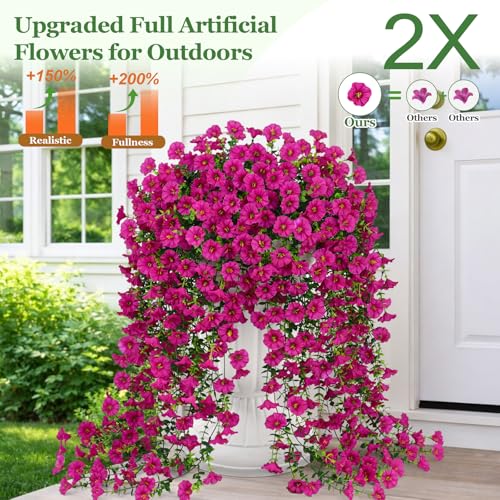 Artificial Hanging Flowers for Outdoors, Fake Hanging Flowers for Decoration, UV Resistant Artificial Outdoor Plants, 2 Pcs Morning Glory for Outdoors Garden Patio Porch Yard Decoration, Fuchsia - color: Fuchsia, size: 2 Pack